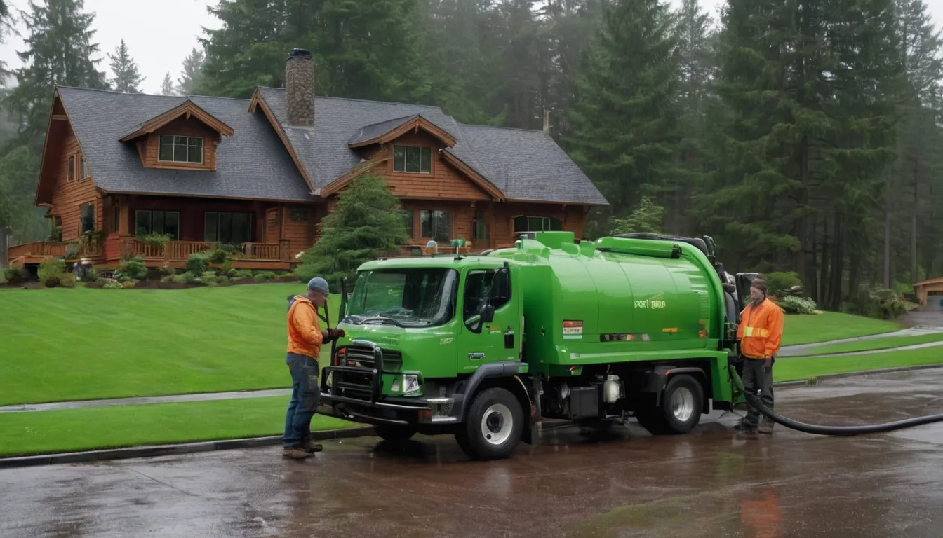 Friendly septic provider and homeowner talking beside a pumping truck near a wood-frame home in the Wilsonville area